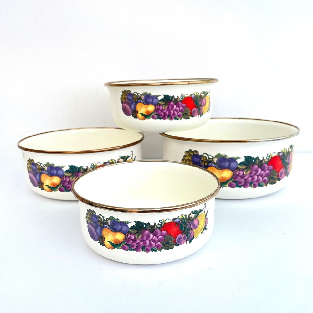 Vintage Cornucopia Enamel Nesting Bowls Set of 4 Fruit Motif Cream Metallic Rim